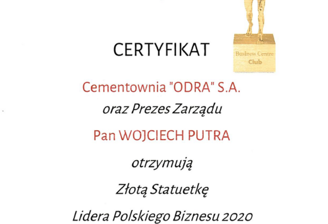 Die Cementownia ODRA S.A. wurde mit dem Goldenen Führer des polnischen Geschäfts 2020 ausgezeichnet.